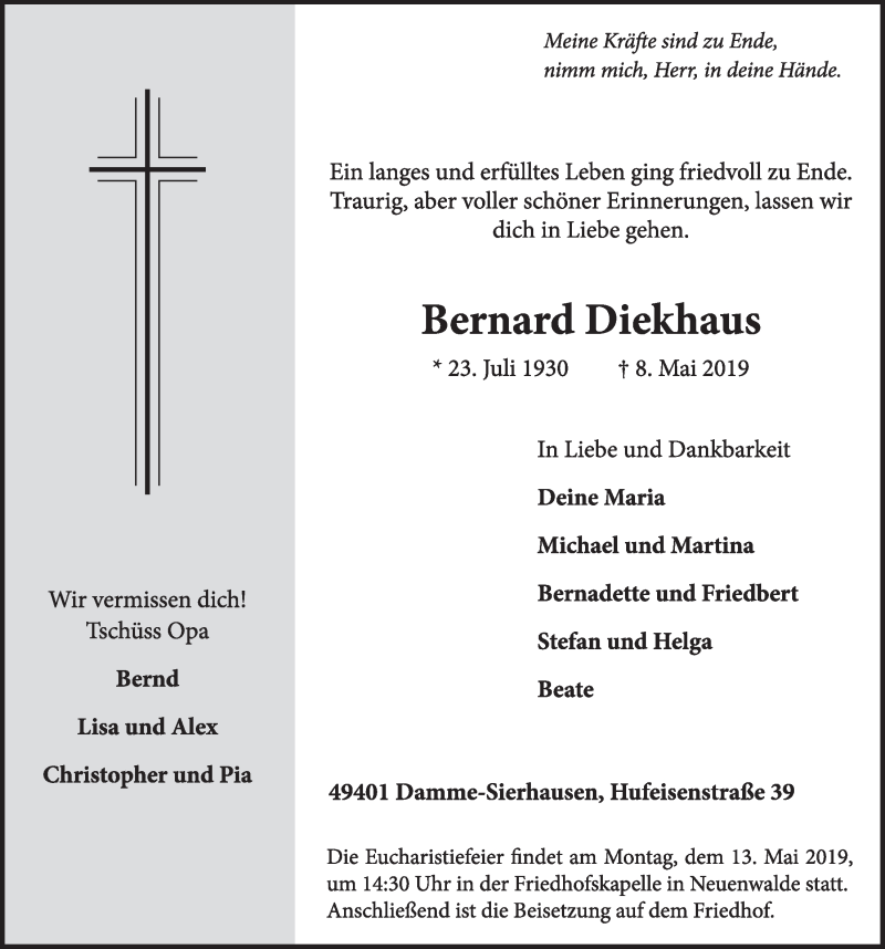  Traueranzeige für Bernard Diekhaus vom 10.05.2019 aus OM-Medien