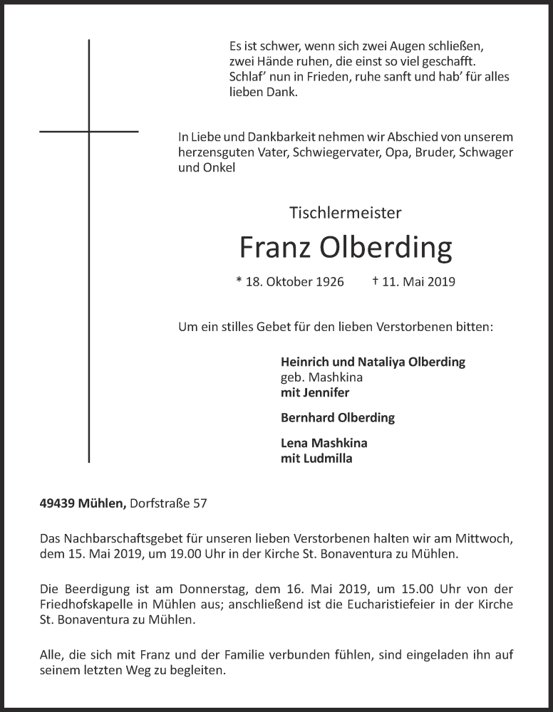  Traueranzeige für Franz Olberding vom 14.05.2019 aus OM-Medien