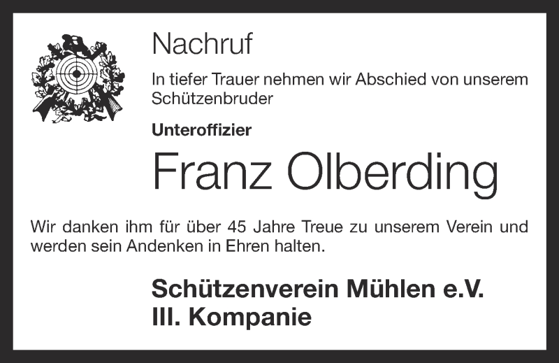  Traueranzeige für Franz Olberding vom 14.05.2019 aus OM-Medien