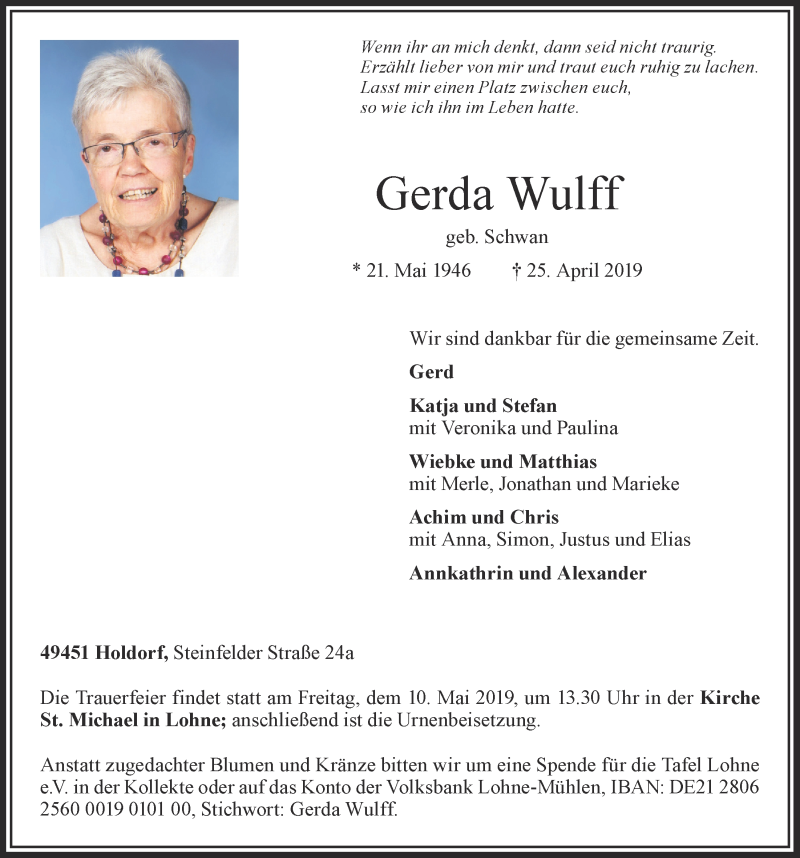  Traueranzeige für Gerda Wulff vom 06.05.2019 aus OM-Medien