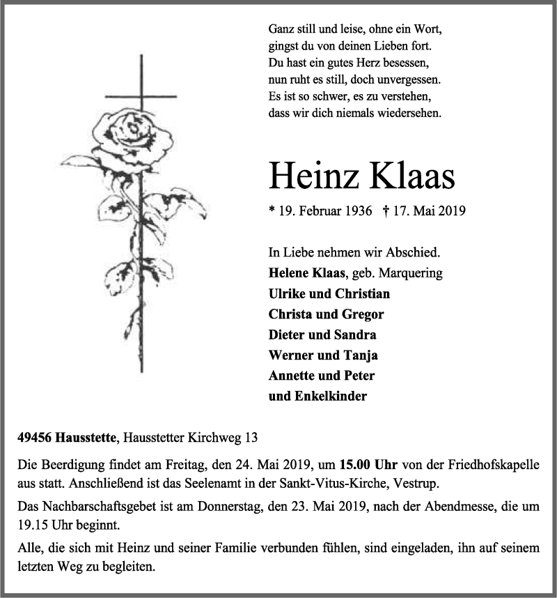  Traueranzeige für Heinz Klaas vom 20.05.2019 aus OM-Medien