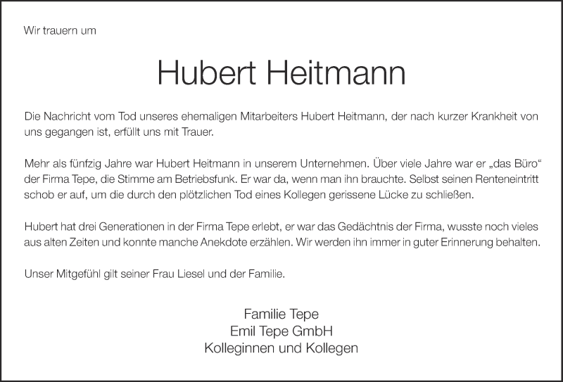  Traueranzeige für Hubert Heitmann vom 24.05.2019 aus OM-Medien