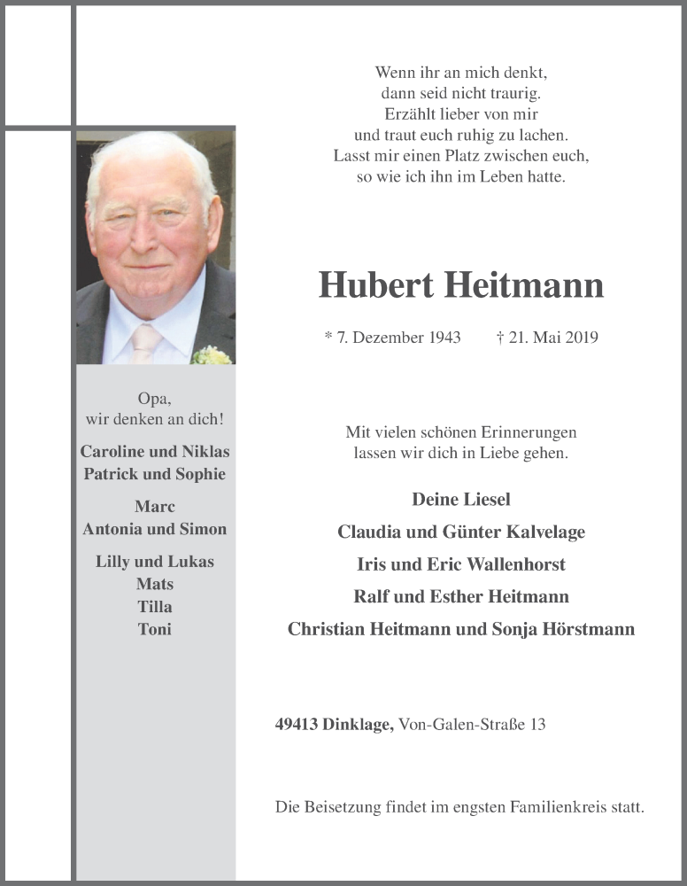  Traueranzeige für Hubert Heitmann vom 23.05.2019 aus OM-Medien