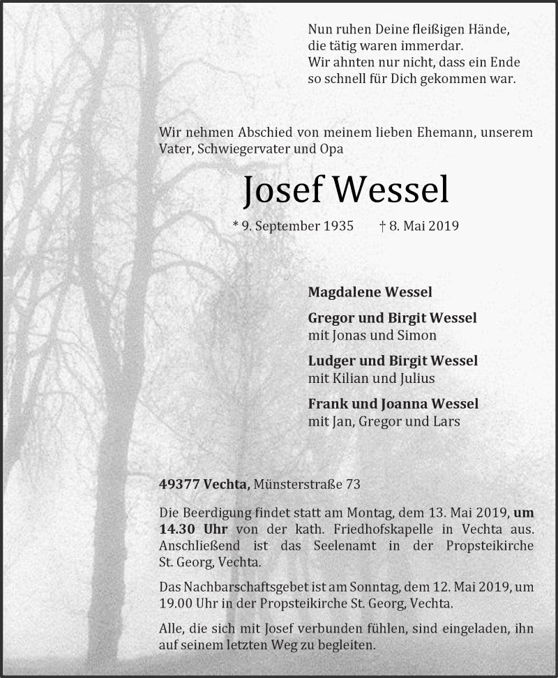 Traueranzeige für Josef Wessel vom 09.05.2019 aus OM-Medien
