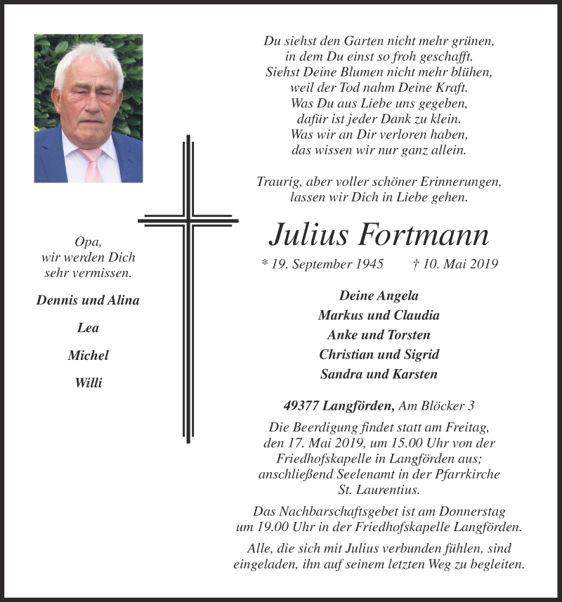  Traueranzeige für Julius Fortmann vom 15.05.2019 aus OM-Medien