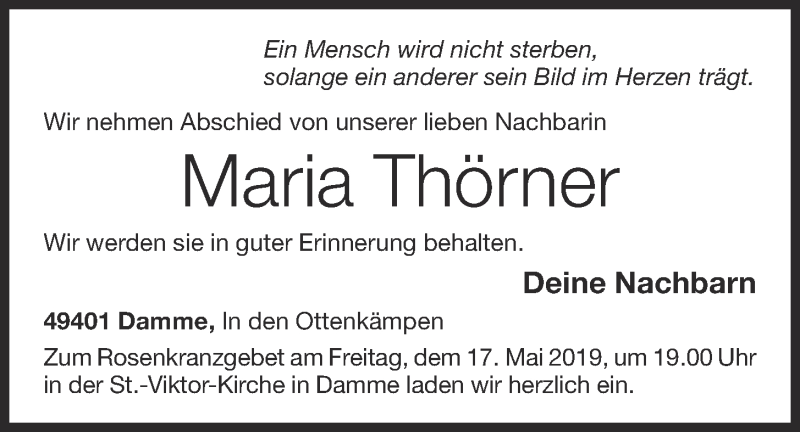 Traueranzeige für Maria Thörner vom 17.05.2019 aus OM-Medien