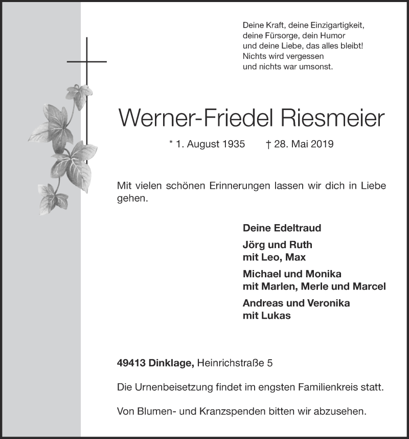  Traueranzeige für Werner-Friedel Riesmeier vom 31.05.2019 aus OM-Medien