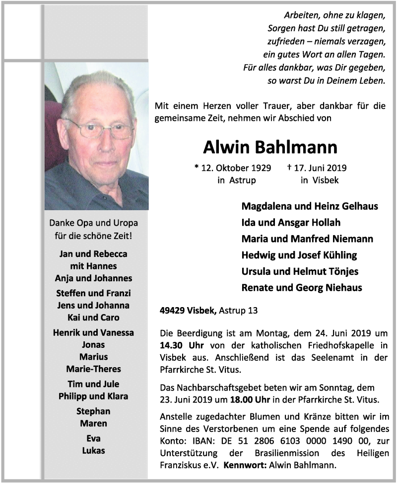  Traueranzeige für Alwin Bahlmann vom 20.06.2019 aus OM-Medien