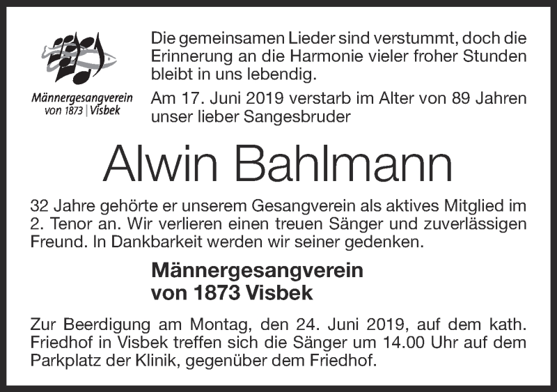  Traueranzeige für Alwin Bahlmann vom 22.06.2019 aus OM-Medien