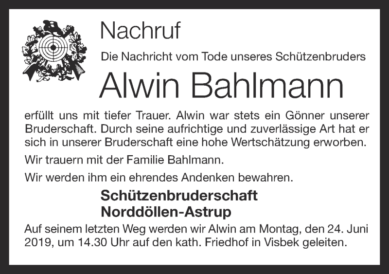  Traueranzeige für Alwin Bahlmann vom 21.06.2019 aus OM-Medien