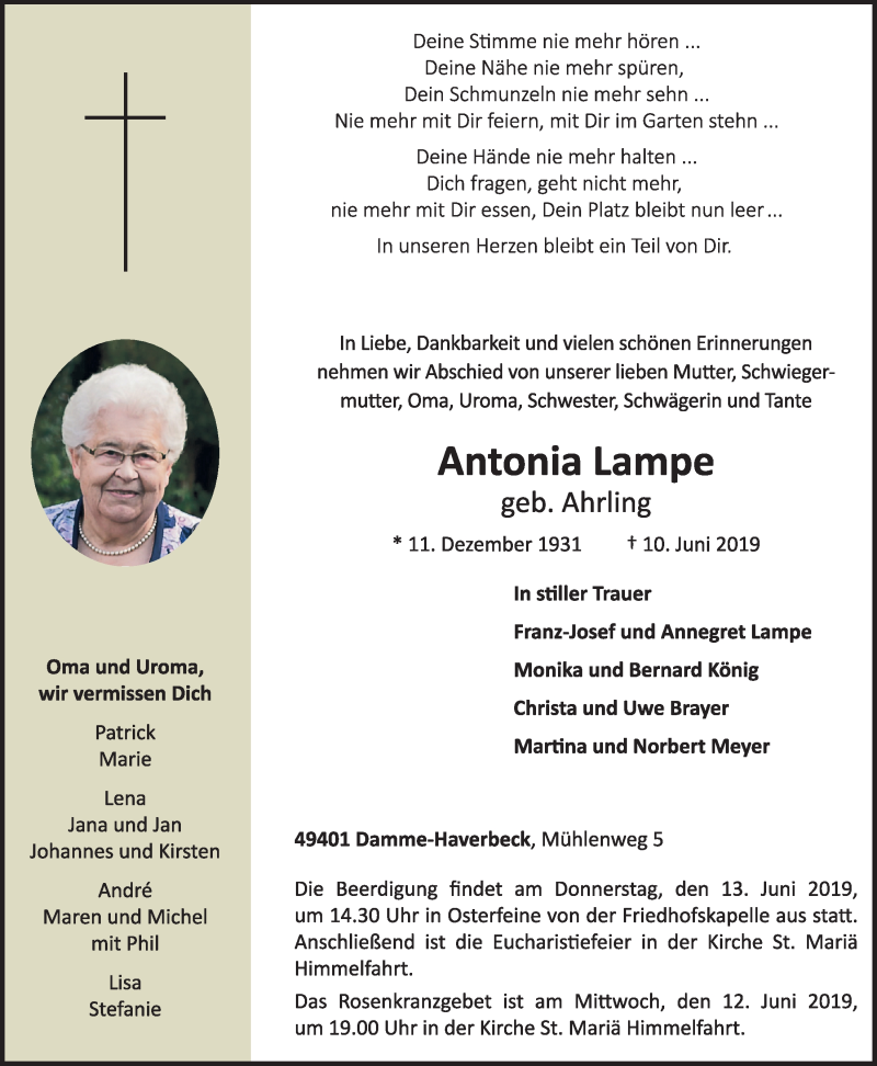 Traueranzeige für Antonia Lampe vom 12.06.2019 aus OM-Medien
