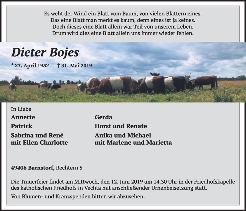  Traueranzeige für Dieter Bojes vom 08.06.2019 aus OM-Medien