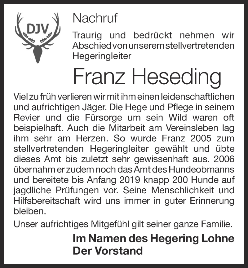  Traueranzeige für Franz Heseding vom 04.06.2019 aus OM-Medien