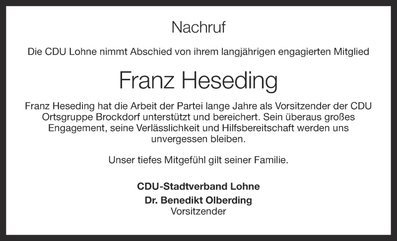  Traueranzeige für Franz Heseding vom 06.06.2019 aus OM-Medien