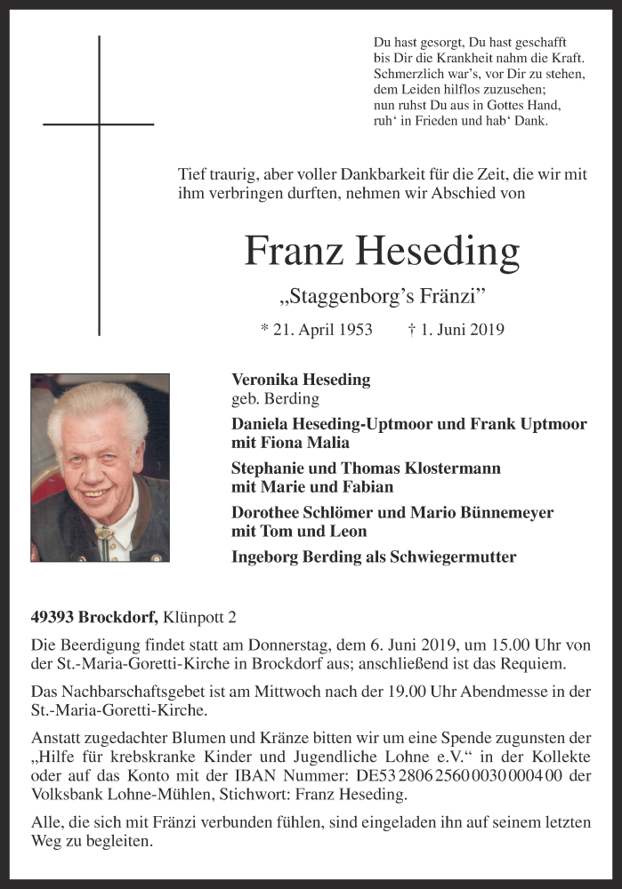  Traueranzeige für Franz Heseding vom 03.06.2019 aus OM-Medien