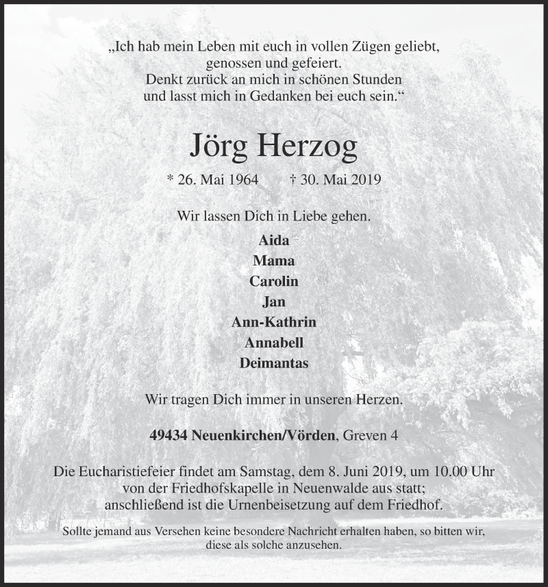 Traueranzeige für Jörg Herzog vom 05.06.2019 aus OM-Medien