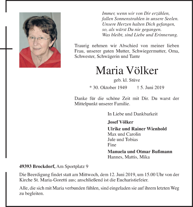  Traueranzeige für Maria Völker vom 08.06.2019 aus OM-Medien