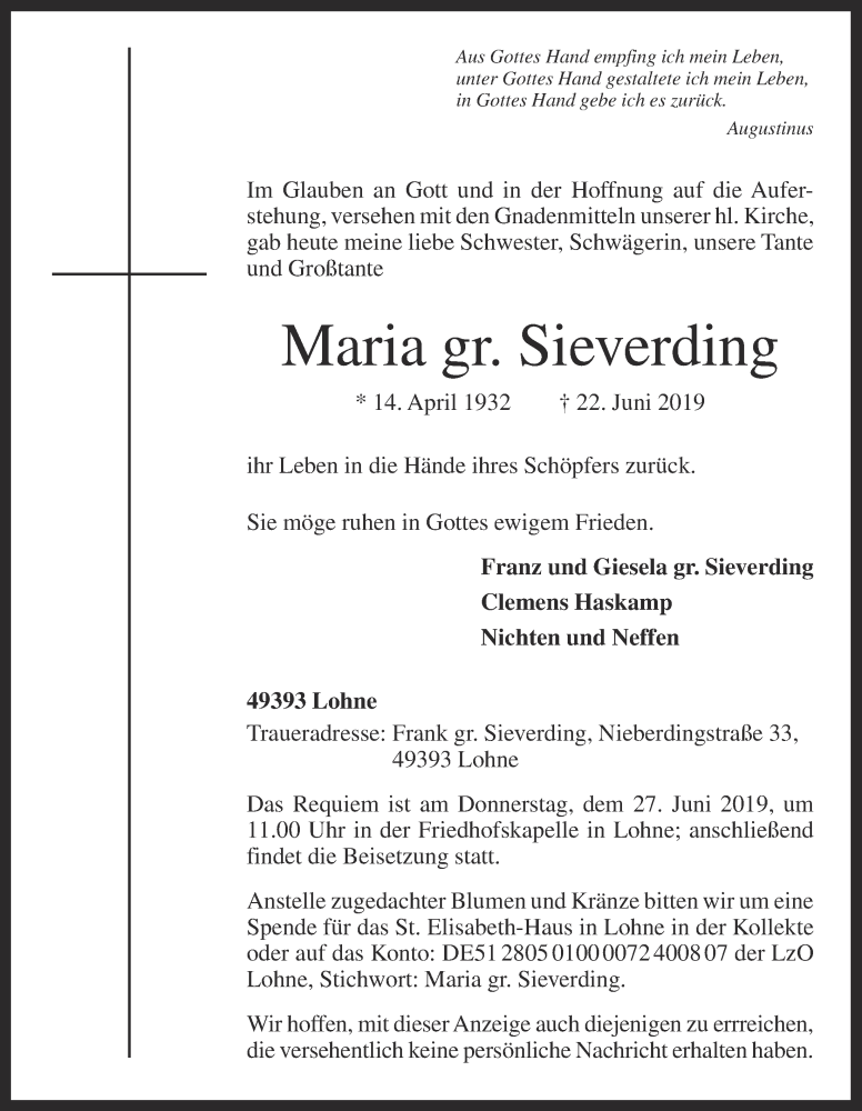  Traueranzeige für Maria gr. Sieverding  vom 24.06.2019 aus OM-Medien