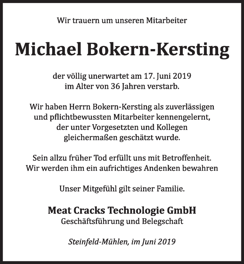  Traueranzeige für Michael Bokern-Kersting vom 20.06.2019 aus OM-Medien