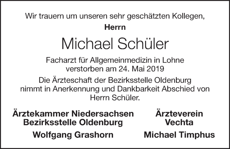  Traueranzeige für Michael Schüler vom 07.06.2019 aus OM-Medien