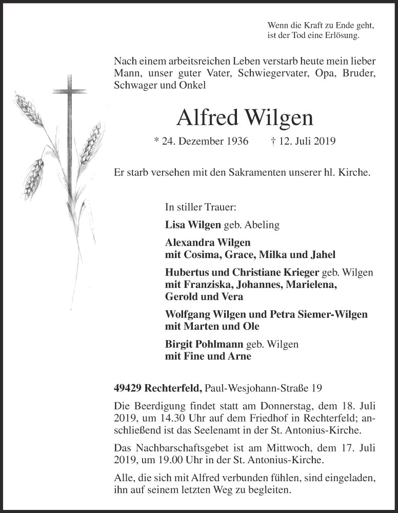  Traueranzeige für Alfred Wilgen vom 15.07.2019 aus OM-Medien