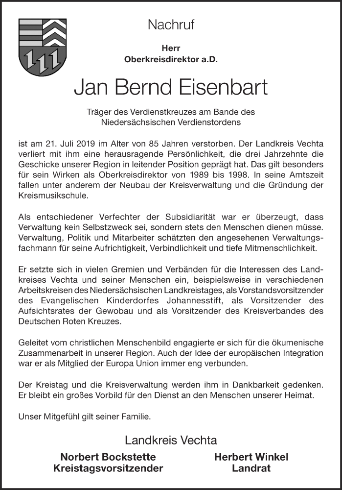  Traueranzeige für Jan Bernd Eisenbart vom 25.07.2019 aus OM-Medien
