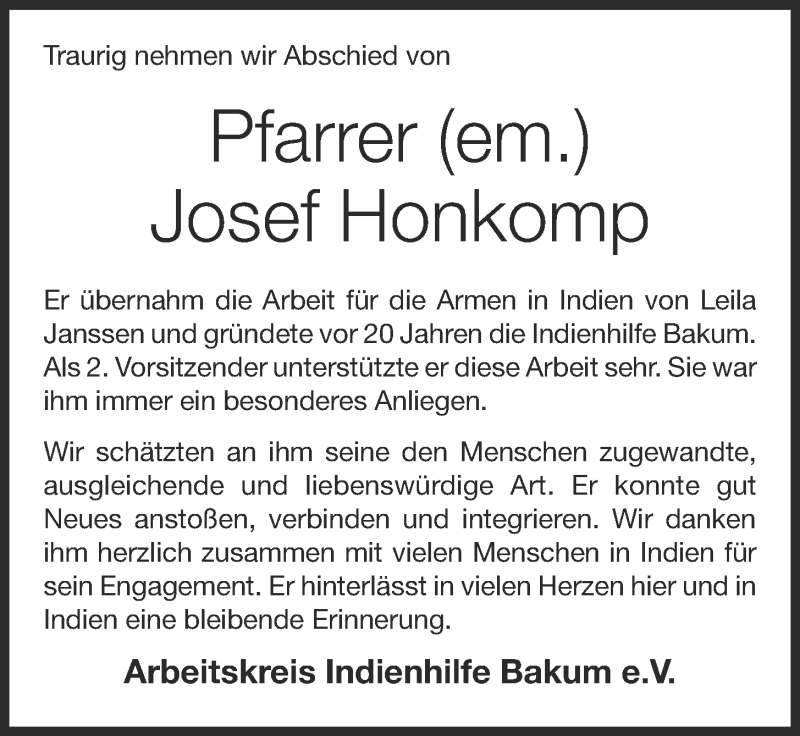  Traueranzeige für Josef Honkomp vom 29.07.2019 aus OM-Medien