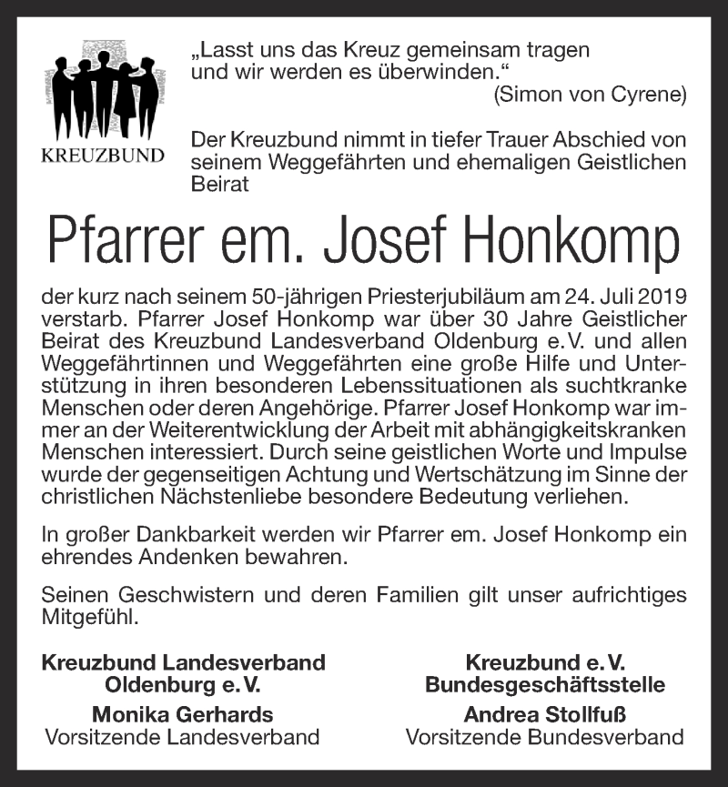  Traueranzeige für Josef Honkomp vom 27.07.2019 aus OM-Medien