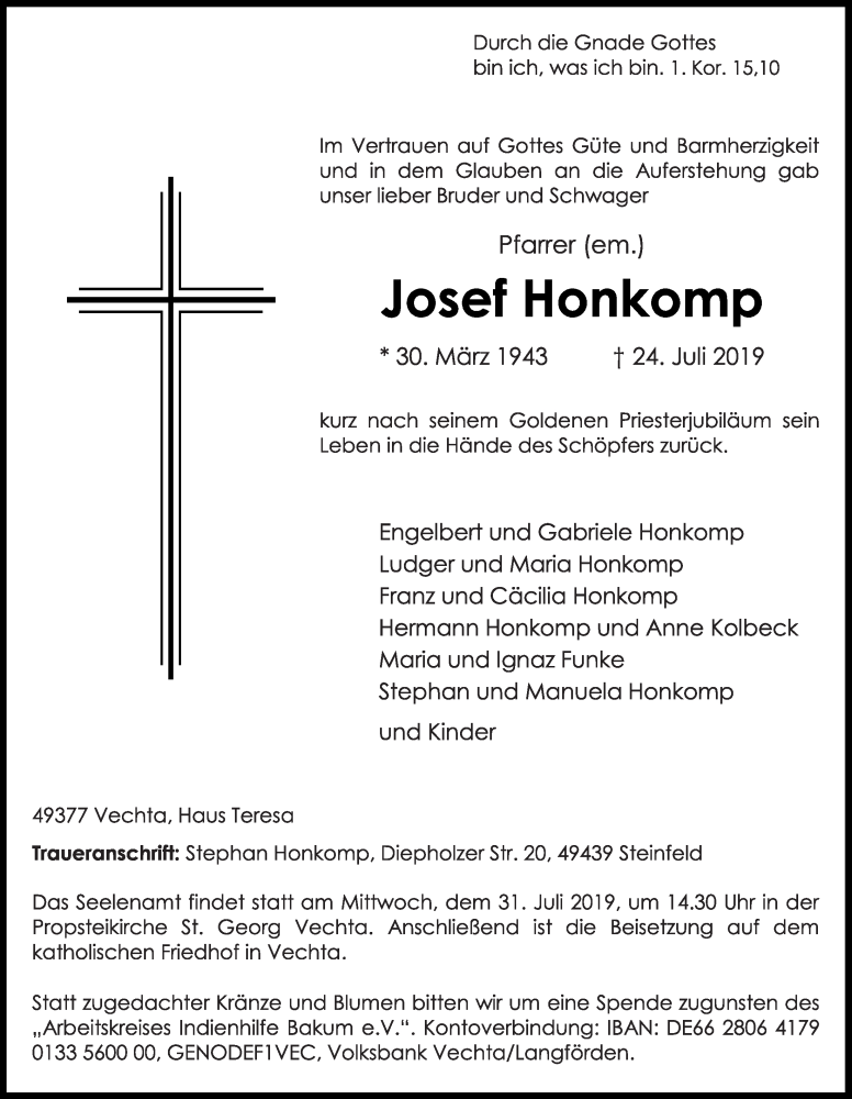  Traueranzeige für Josef Honkomp vom 26.07.2019 aus OM-Medien