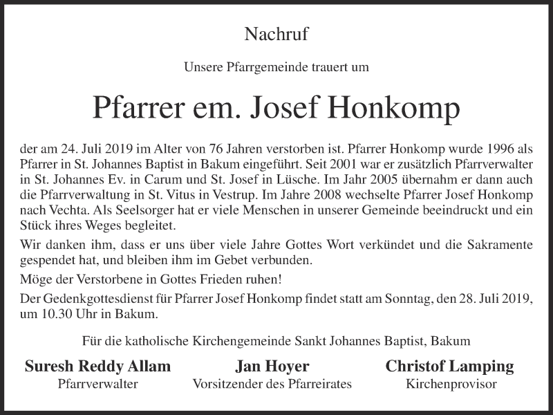 Traueranzeige für Josef Honkomp vom 27.07.2019 aus OM-Medien