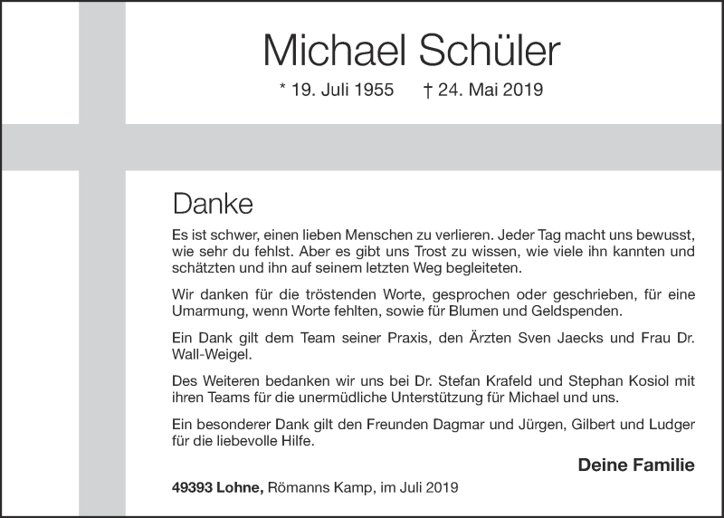 Traueranzeige für Michael Schüler vom 20.07.2019 aus OM-Medien