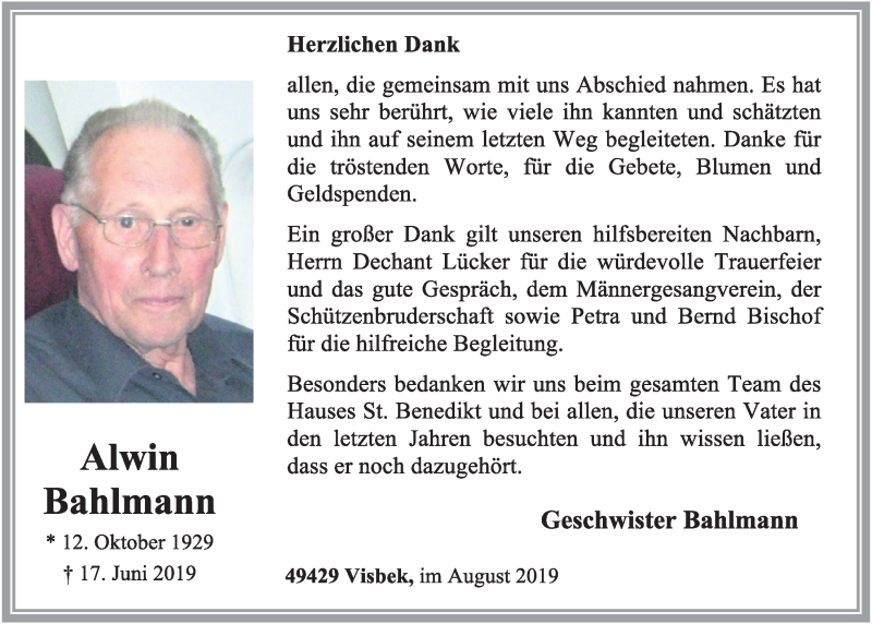  Traueranzeige für Alwin Bahlmann vom 03.08.2019 aus OM-Medien