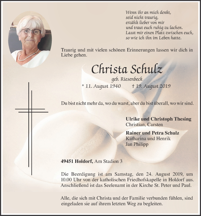  Traueranzeige für Christa Schulz vom 22.08.2019 aus OM-Medien