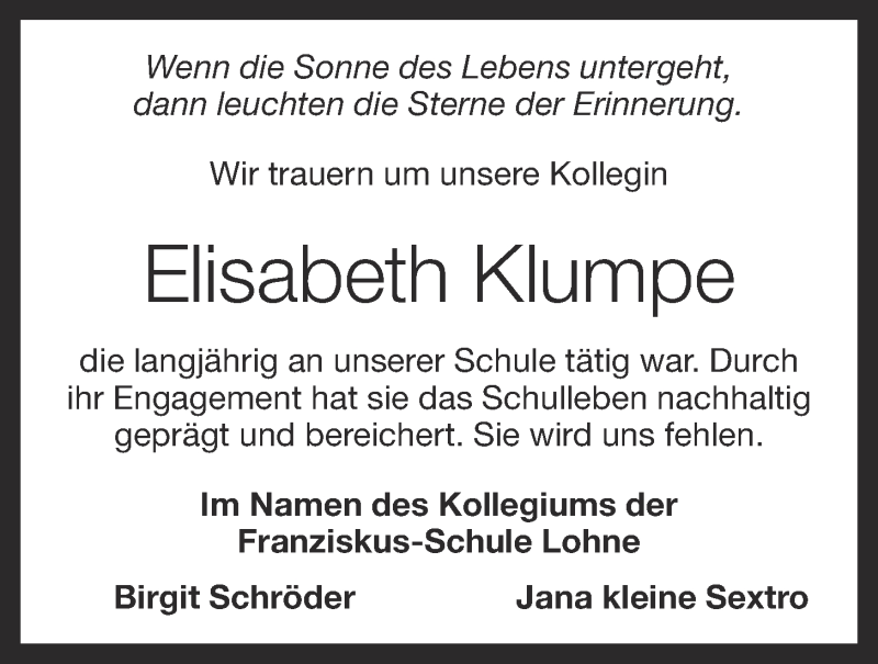  Traueranzeige für Elisabeth Klumpe vom 22.08.2019 aus OM-Medien