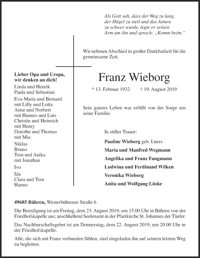 Traueranzeige für Franz Wieborg vom 21.08.2019 aus OM-Medien