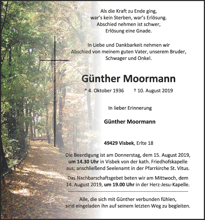  Traueranzeige für Günther Moormann vom 12.08.2019 aus OM-Medien