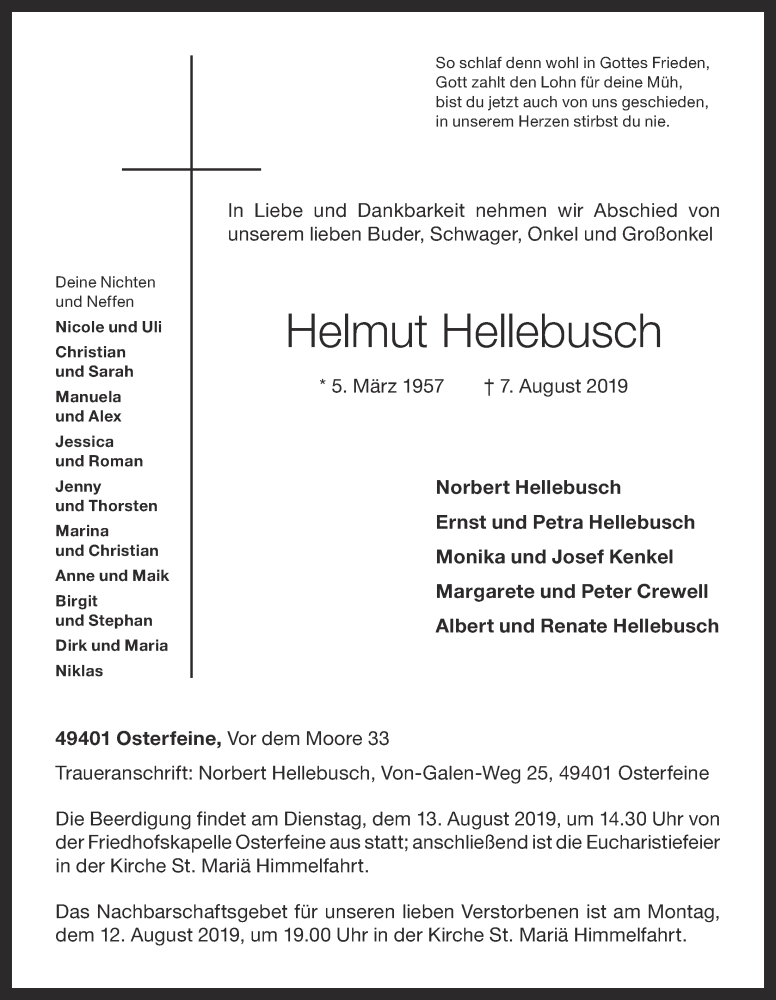  Traueranzeige für Helmut Hellebusch vom 09.08.2019 aus OM-Medien