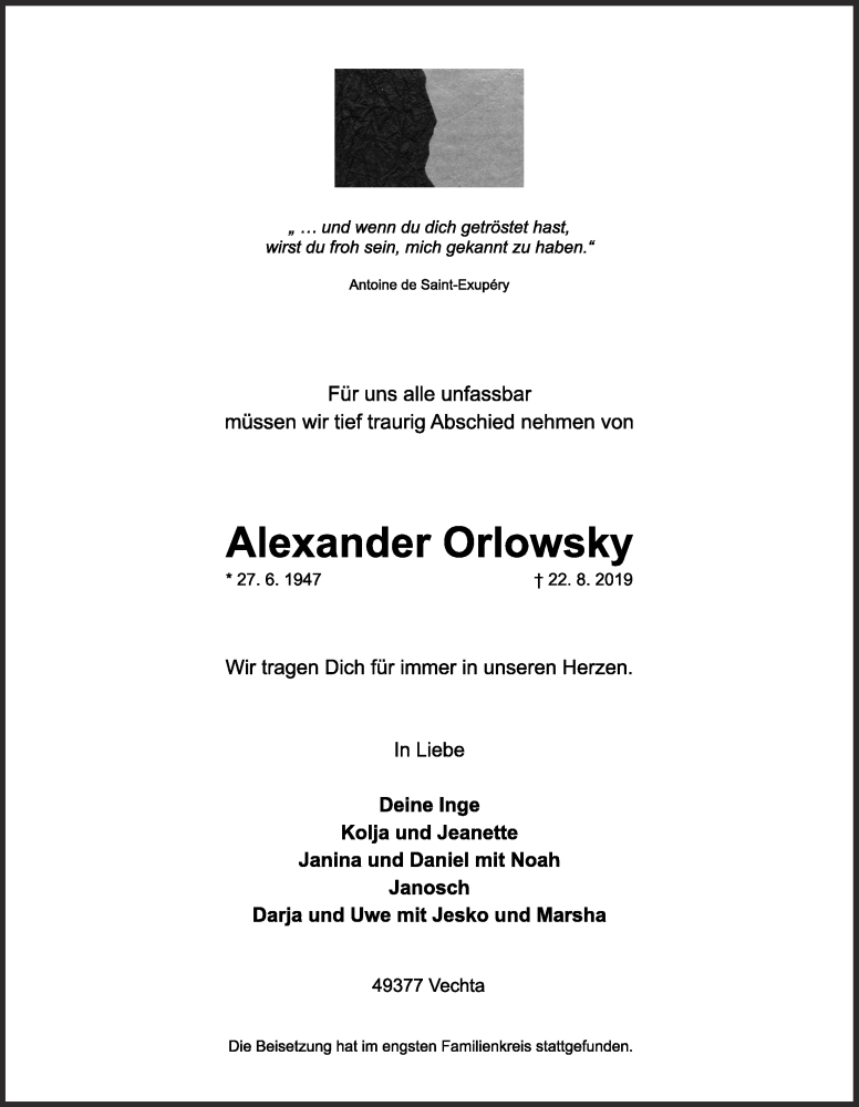  Traueranzeige für Alexander Orlowsky vom 02.09.2019 aus OM-Medien