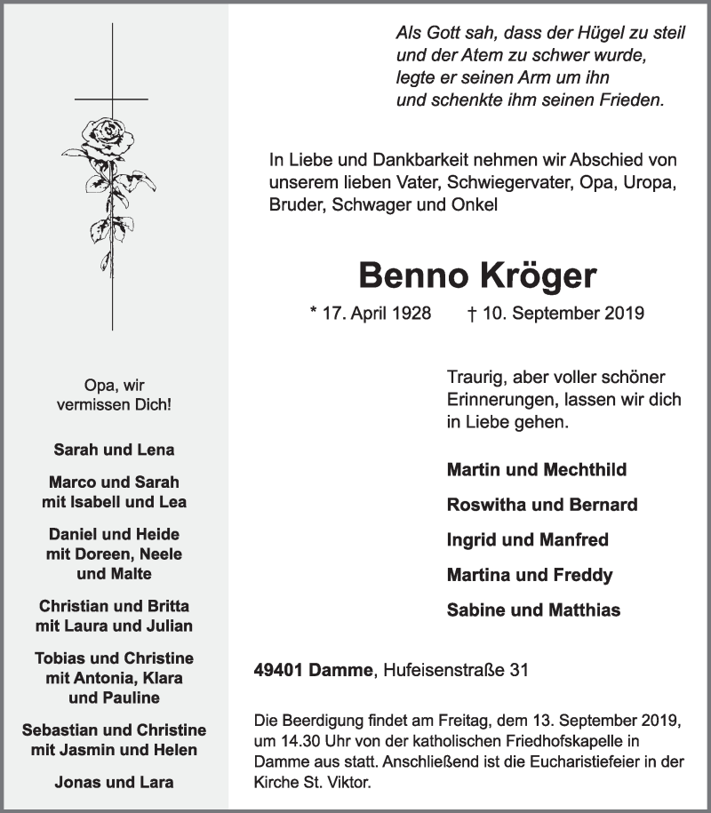  Traueranzeige für Benno Kröger vom 11.09.2019 aus OM-Medien