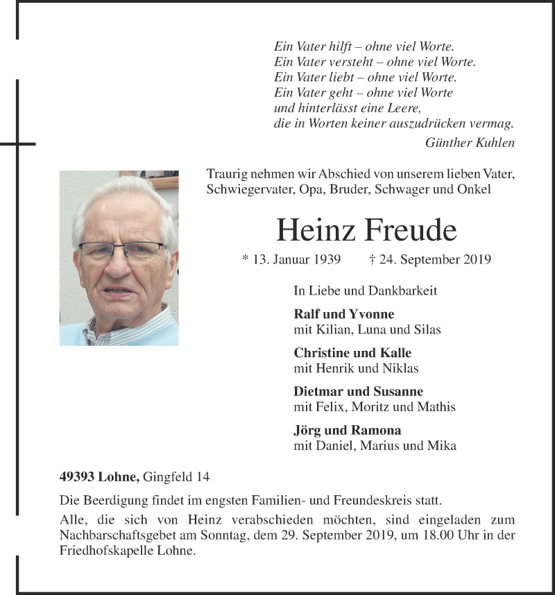  Traueranzeige für Heinz Freude vom 27.09.2019 aus OM-Medien