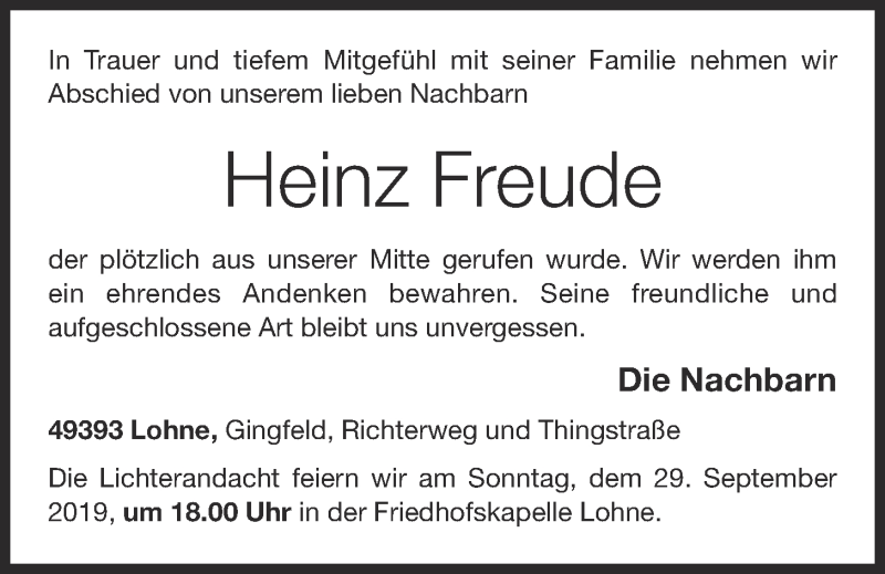  Traueranzeige für Heinz Freude vom 28.09.2019 aus OM-Medien