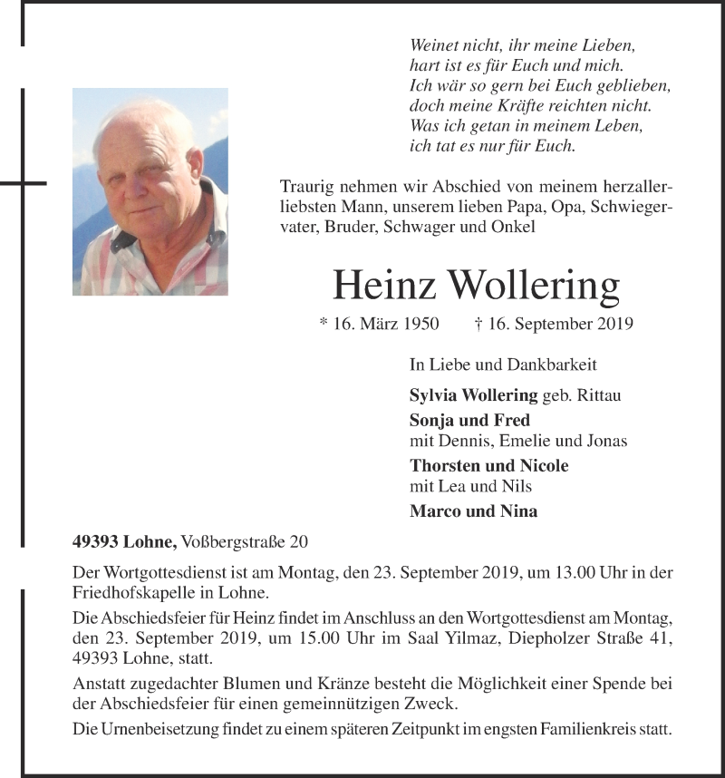  Traueranzeige für Heinz Wollering vom 19.09.2019 aus OM-Medien