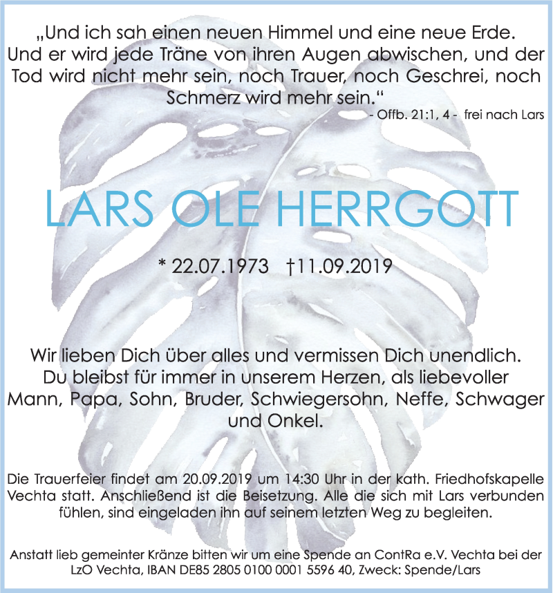  Traueranzeige für Lars Ole Herrgott vom 17.09.2019 aus OM-Medien