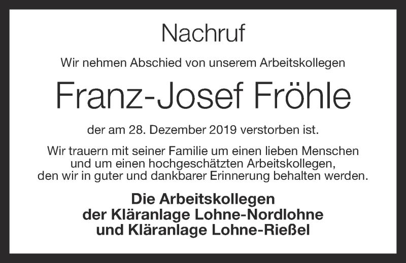  Traueranzeige für Franz-Josef Fröhle vom 03.01.2020 aus OM-Medien