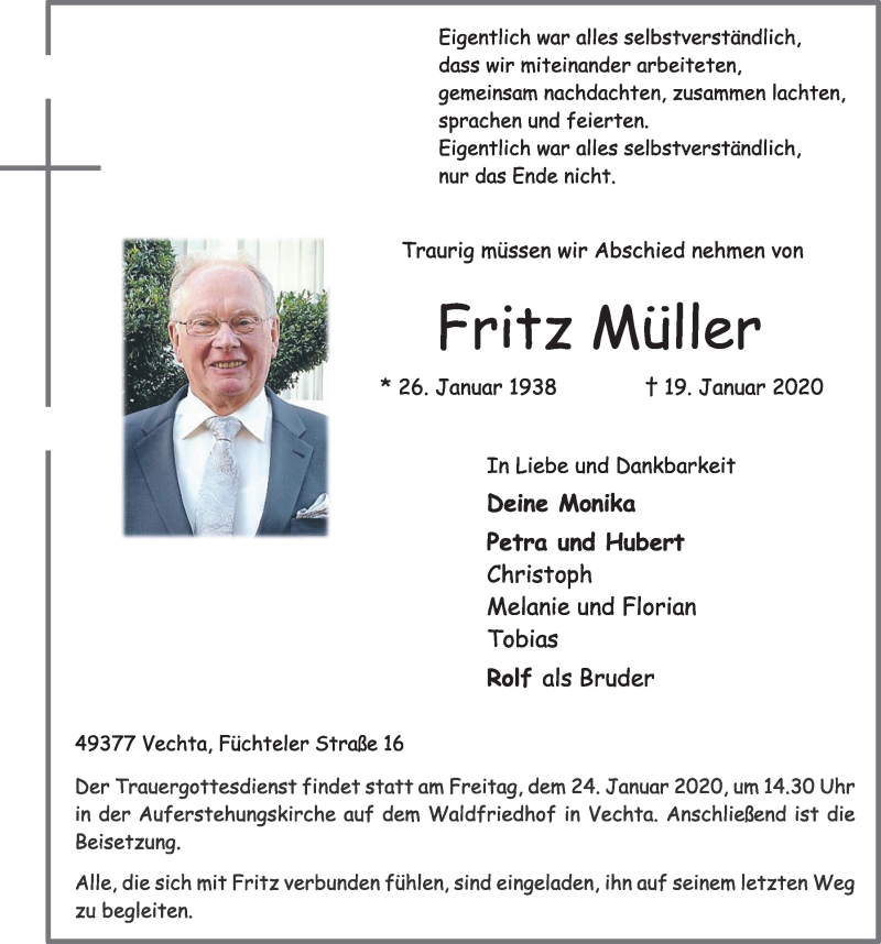  Traueranzeige für Fritz Müller vom 21.01.2020 aus OM-Medien