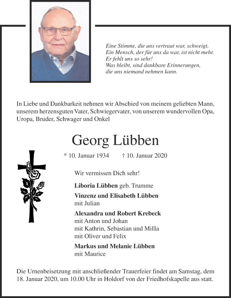  Traueranzeige für Georg Lübben vom 14.01.2020 aus OM-Medien