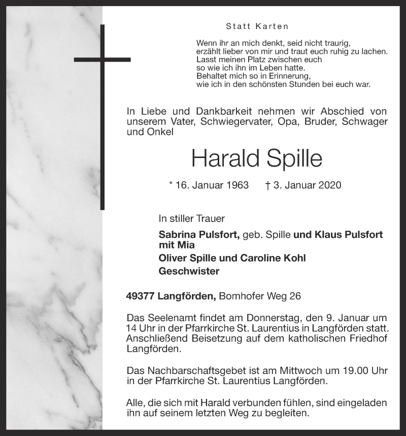  Traueranzeige für Harald Spille vom 06.01.2020 aus OM-Medien