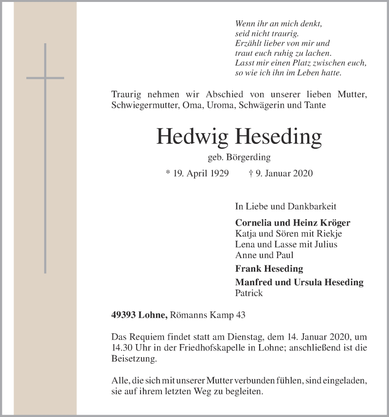  Traueranzeige für Hedwig Heseding vom 11.01.2020 aus OM-Medien