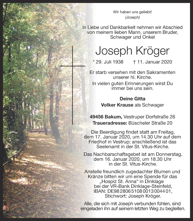  Traueranzeige für Joseph Kröger vom 13.01.2020 aus OM-Medien