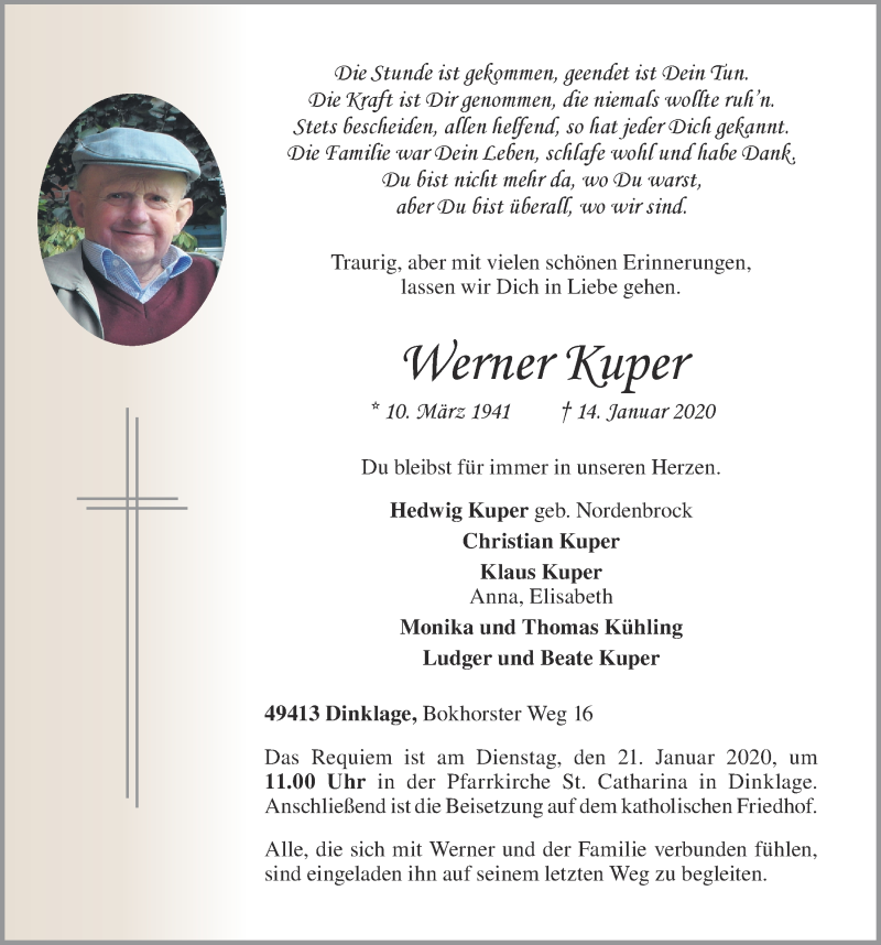  Traueranzeige für Werner Kuper vom 17.01.2020 aus OM-Medien